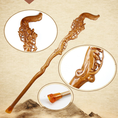 T Handle Rubber Foot Wood Walking Cane , Peach Wooden Walking Stick For Elders