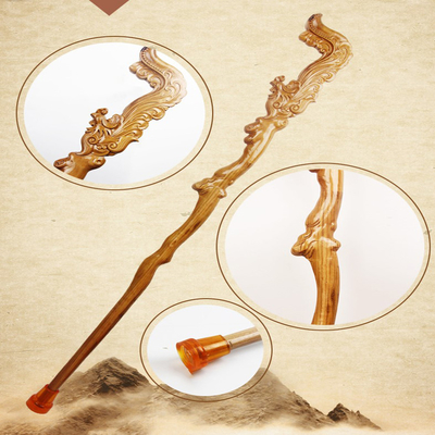 Rubber Tip Hand Carved Wooden Hiking Sticks T Handle